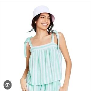 Linen Babydoll Blend  Mint Green White Striped Tie Strap Tank Top XS Square Neck